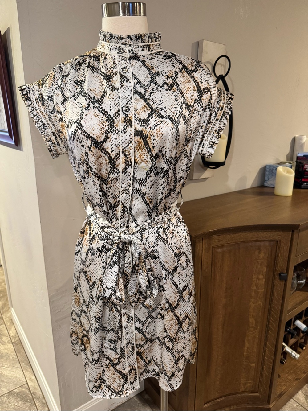 Cabi Snake-Print Short Sleeve Belted Dress in White and Brown